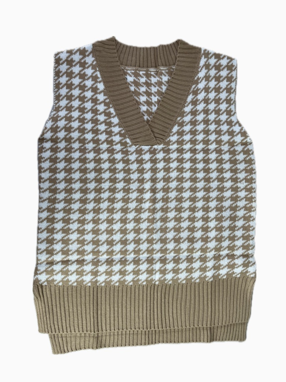 Women's Oversized Houndstooth V-Neck Sweater Vest - Camel/White - Picture 2 of 10